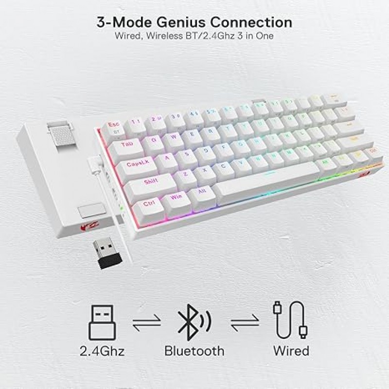 Redragon K530 Pro Draconic 60% Wireless RGB Mechanical Keyboard, BT/2.4Ghz/Wired 3-Mode 61 Keys Compact Gaming Keyboard