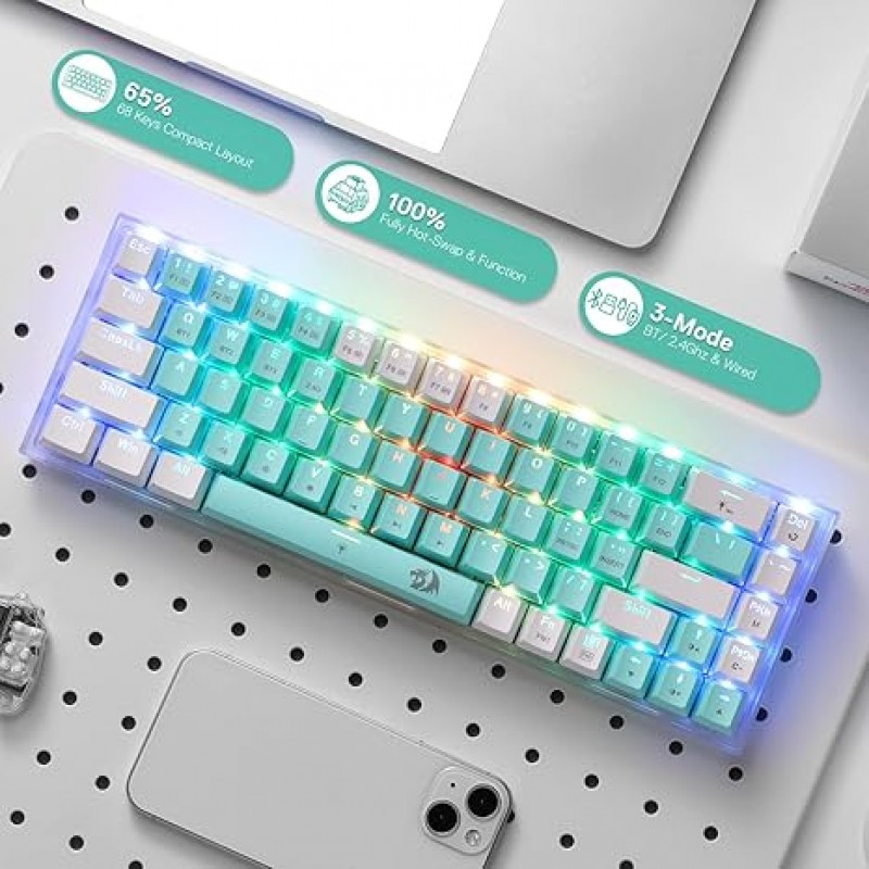 Redragon K631 PRO WT 65% 3-Mode Wireless RGB Gaming Keyboard
